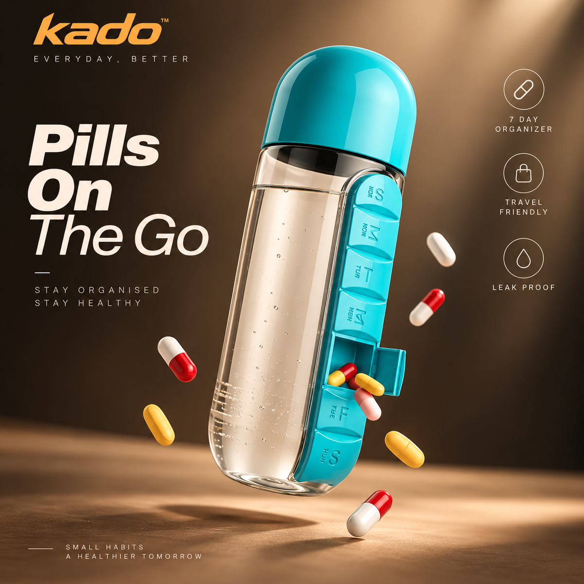 Kado 7-Day Pill Organizer Bottle - 600 mL Capacity